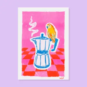 Illustration d'une perruche sur une cafetière à l'italienne