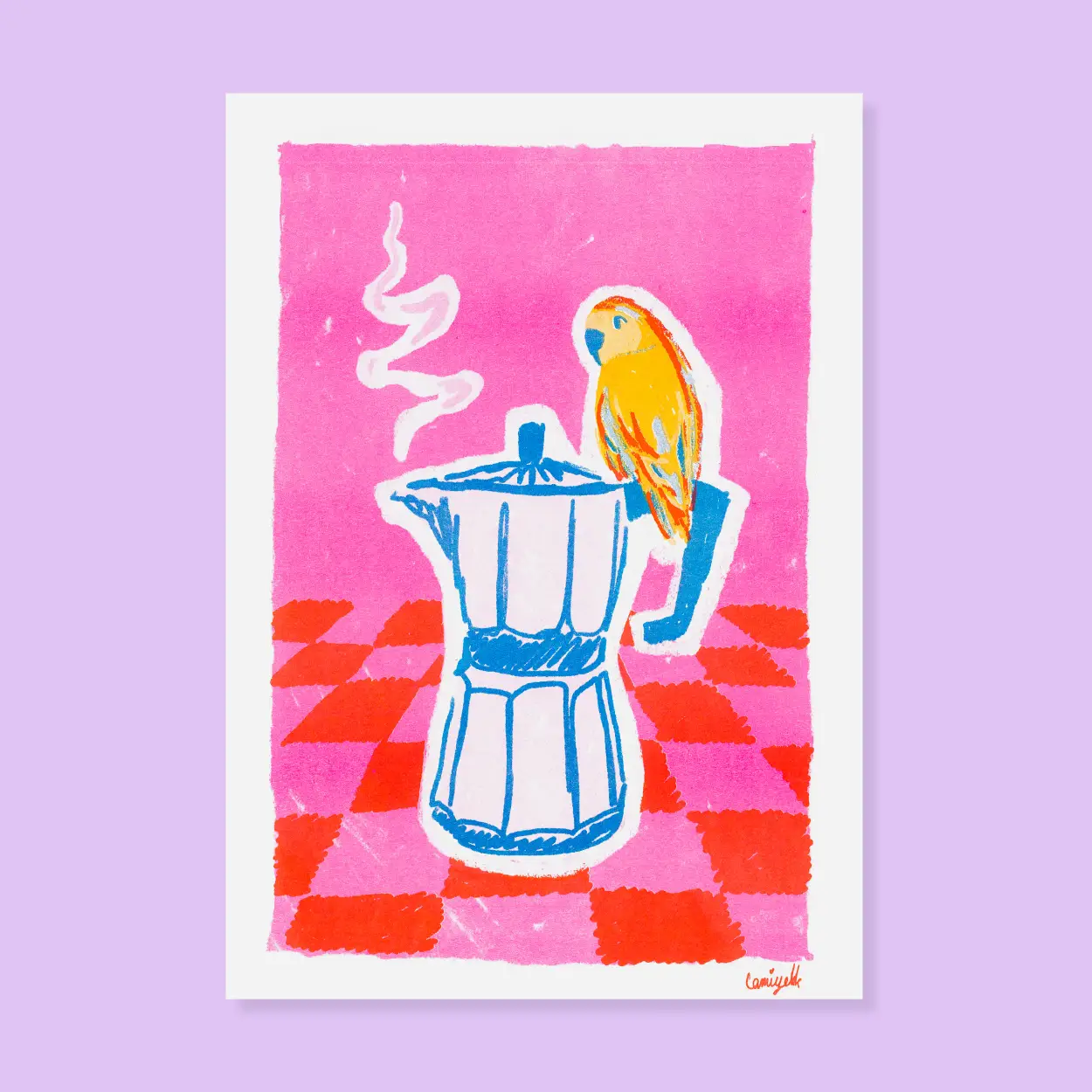 Illustration d'une perruche sur une cafetière à l'italienne